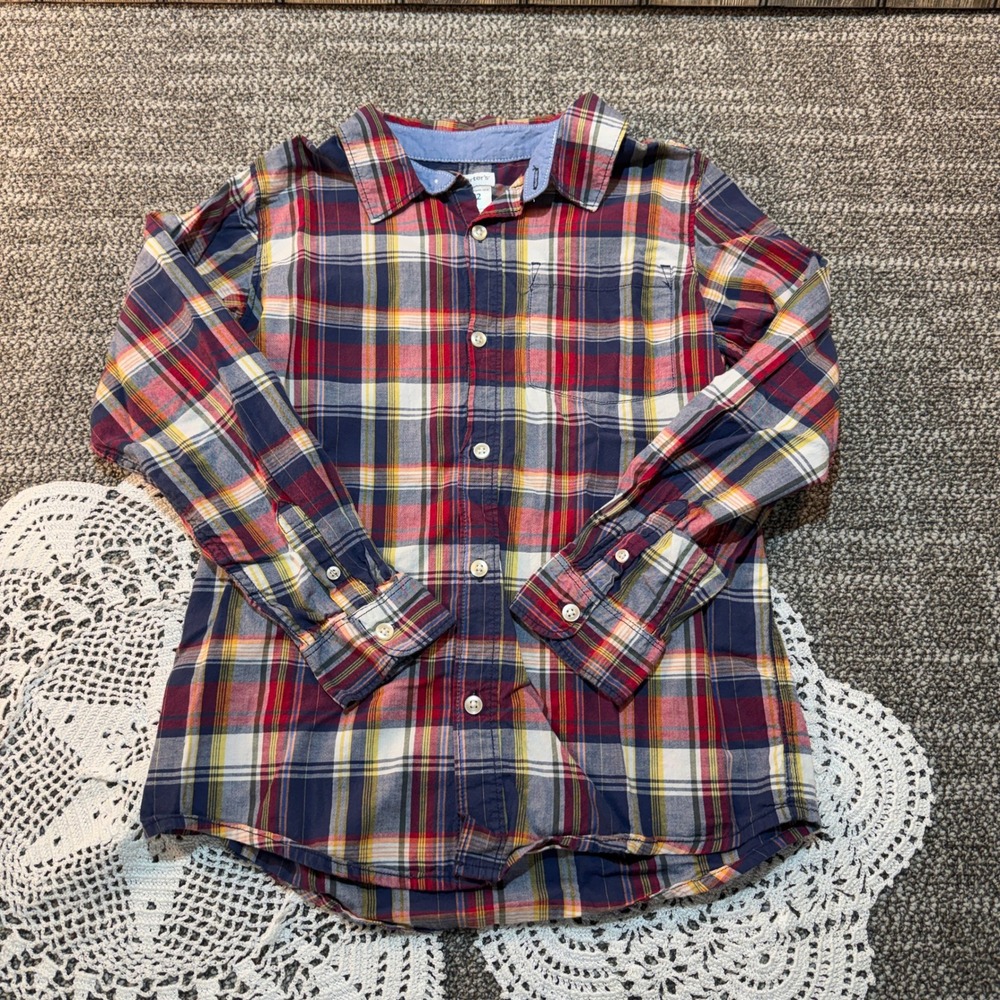 Carters Boys Size 12 Red Navy Plaid Long Sleeve Cotton Button‎ Down Shirt